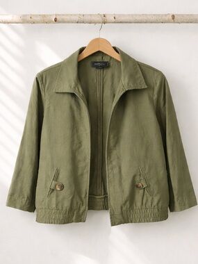 NYCC Olive Linen Blend Open Front Jacket Faux Front Pocket Details Size M